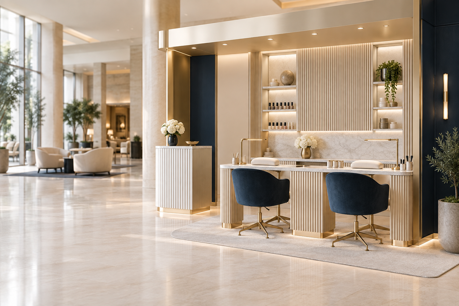 Otel içinde kurulmuş kompakt Pearl Aura tırnak ve güzellik standı